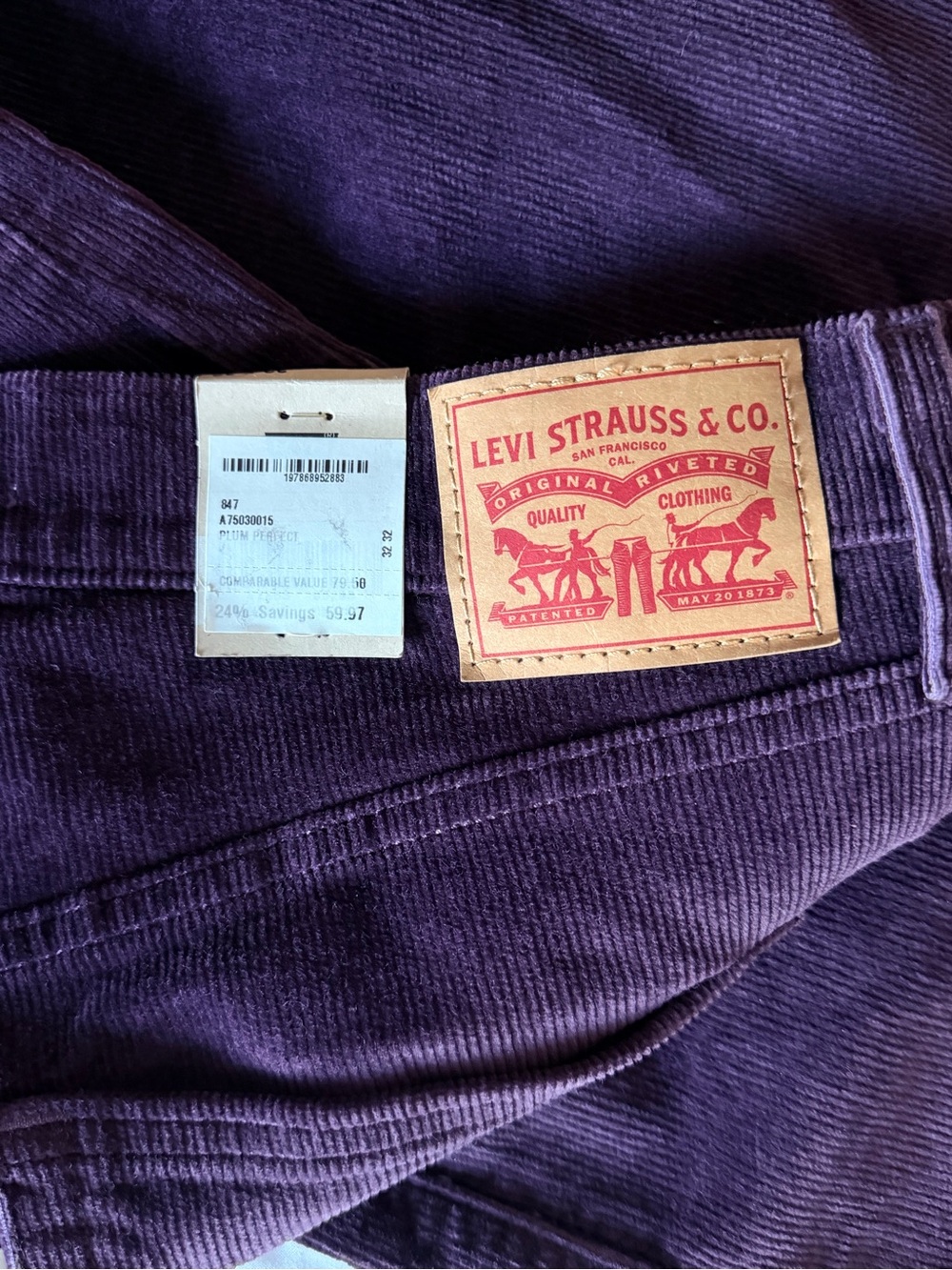 Levi’s Ribcage Bell Corduroy Pants Flare High Rise Womens 32x32 Plum Purple NWT - Picture 7 of 12